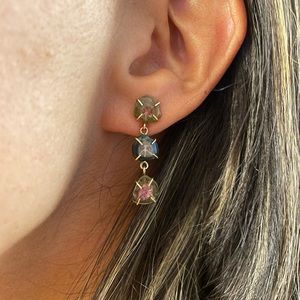 Melissa Joy Manning watermelon tourmaline slice 14k gold prong dangle earrings